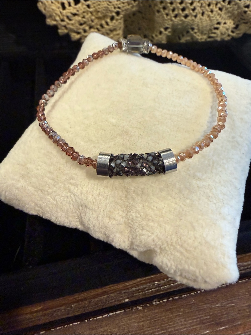 Delicate Crystal Beaded Bracelet with Gunmetal Accent